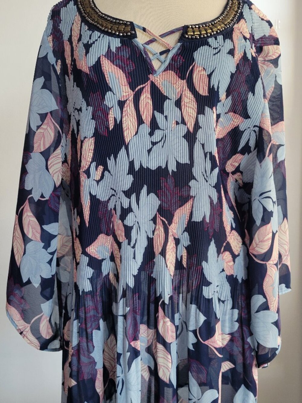 Catherine's Pleated Grommet Floral Art Neck Tunic Shirt Top (Size: 2X)